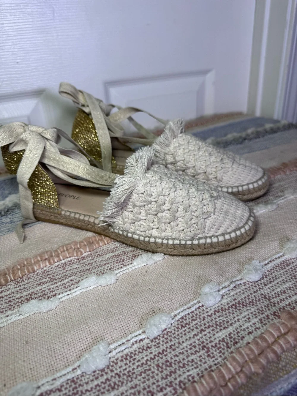 Free People Vida Ivory Woven Lurex Lace-Up Flatform Espadrilles